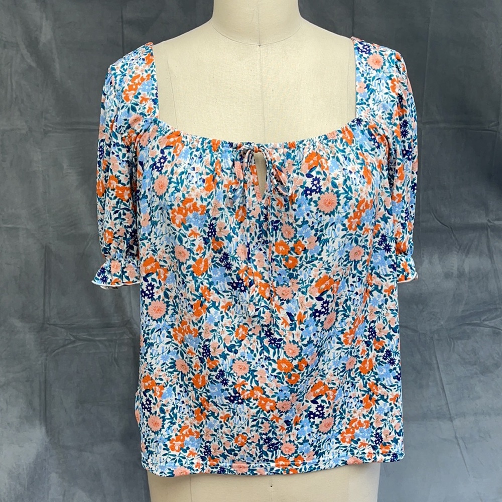 MELLODAY - Square Neck Tie Short Sleeve Knit Top